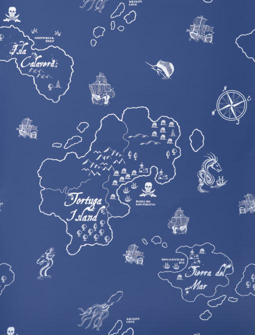Tapeta Hibou Home „Mapa Piratów” w kolorze białym na granatowym tle