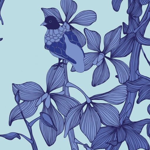 Tapeta „Gołębie wśród kwiatów” w kolorze fioletowo niebieskim