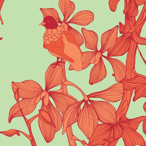 Tapeta „Gołębie wśród kwiatów” w kolorze pomarańczowym