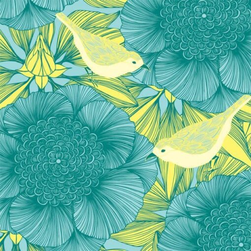Tapeta „Ptaki wśród kwiatów” w kolorze niebieskim
