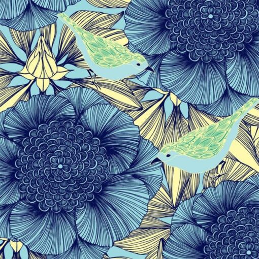 Tapeta „Ptaki wśród kwiatów” w kolorze ciemno niebieskim