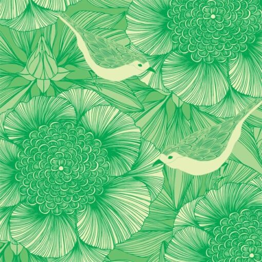 Tapeta „Ptaki wśród kwiatów” w kolorze zielonym
