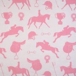 Tkanina „Konie” w kolorze różowym na beżowym tle