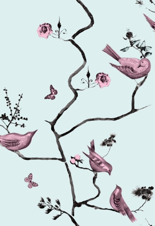 Tapeta „Romantyczny Ogród” niebieska w różowe ptaki