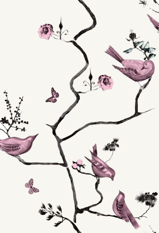 Tapeta „Romantyczny Ogród” beżowa w różowe ptaki