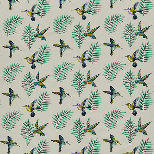 Tkanina Iliv Rainforest Montserrat Marine turkusowe liście palmy kolibry