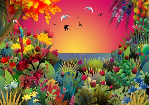 Fototapeta Skinwall Rainforest 68 B kolorowa kwiaty ptaki niebo morze
