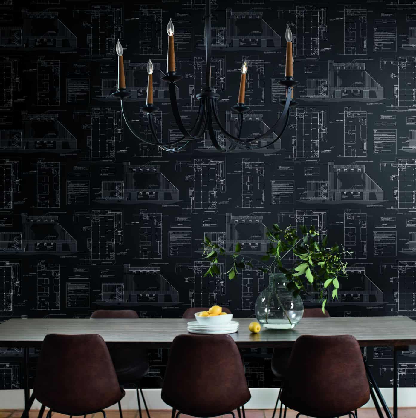 Czarna tapeta w jadalni, rysunek architektoniczny domków