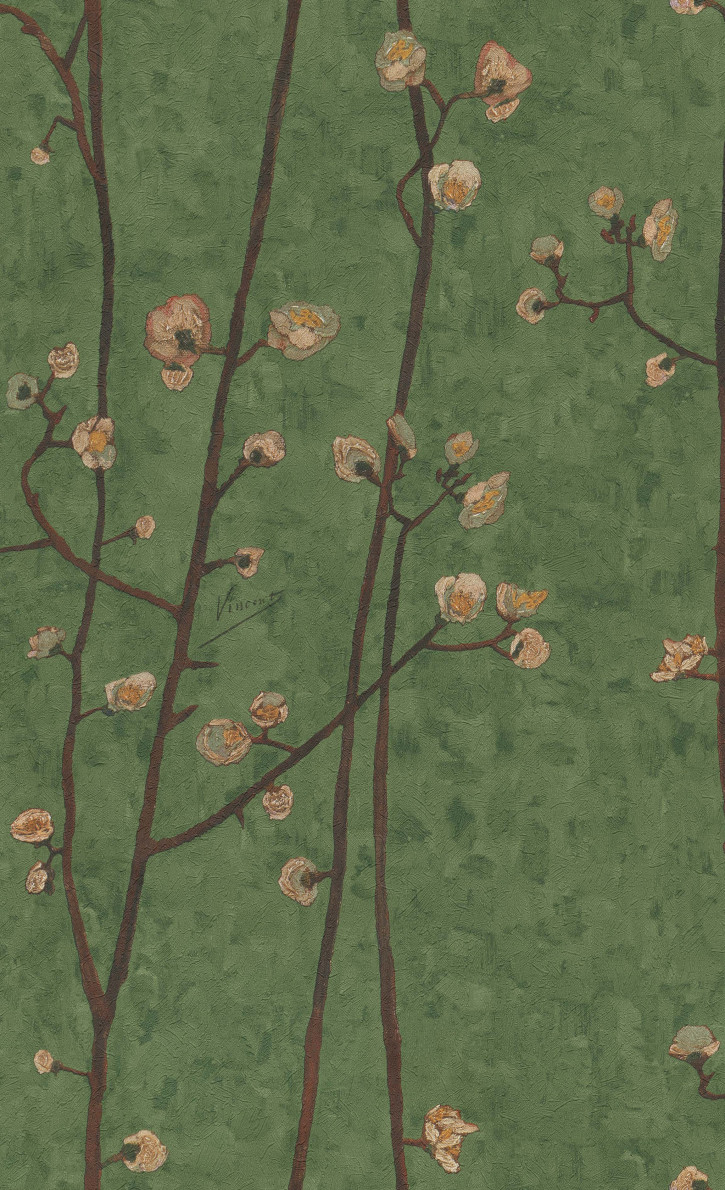 zielona tapeta w kwiaty gałązki VanGogh2 220024