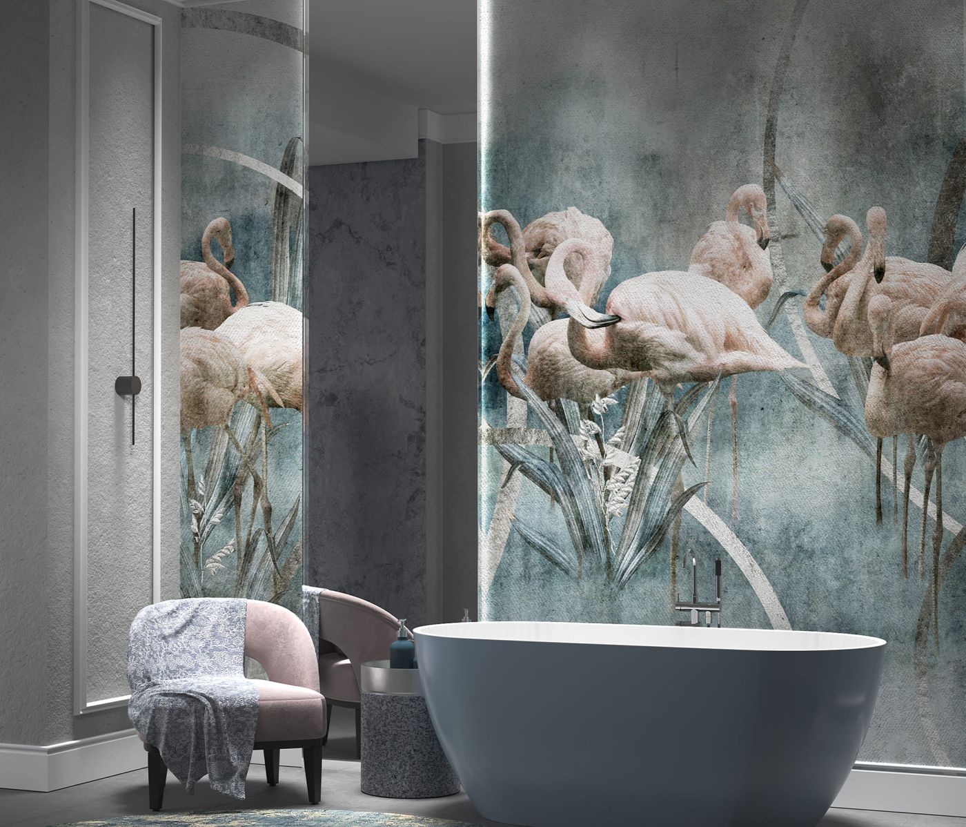 fototapeta flamingi ptaki łazienka wallcraft niebieska Flamingo
