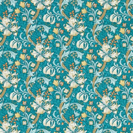 Tapeta Clarke & Clarke William Morris Designs W0174/03  Golden Lily teal ornament kwiaty